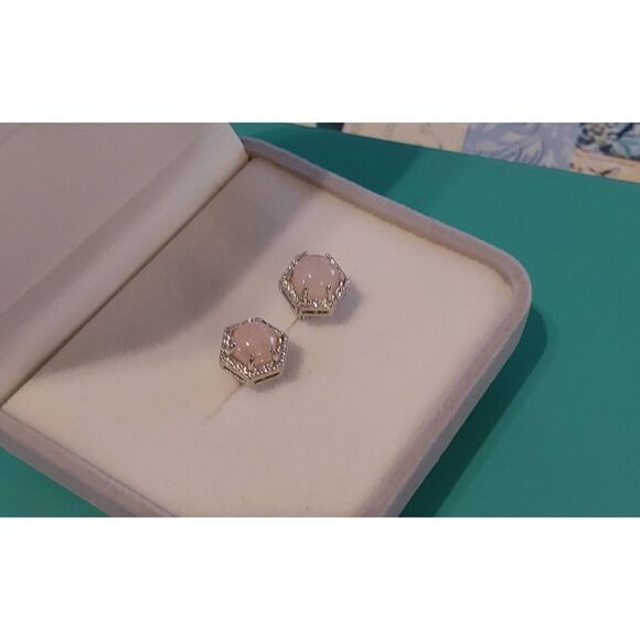 Stunning Genuine Morganite Cabachon & White Topaz Gemstone Stud Earrings~925SS - Picture 2 of 4